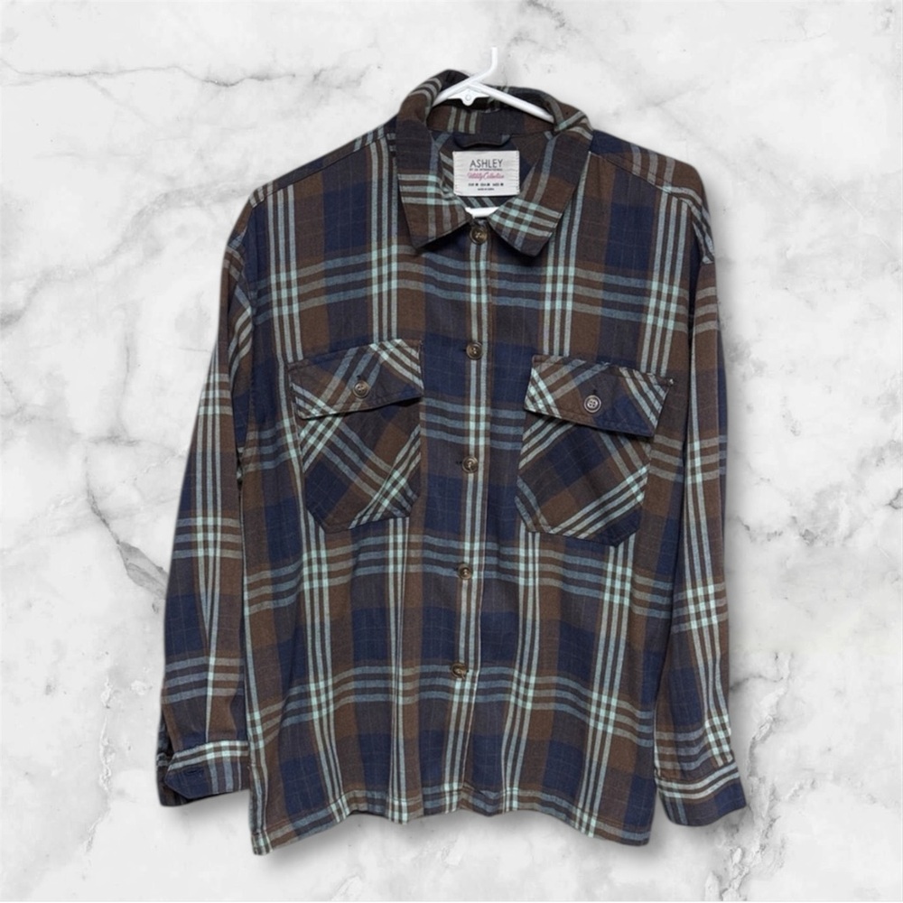 Ashley By 26 International woman’s Navy and Brown green Plaid Shirt sz Medium